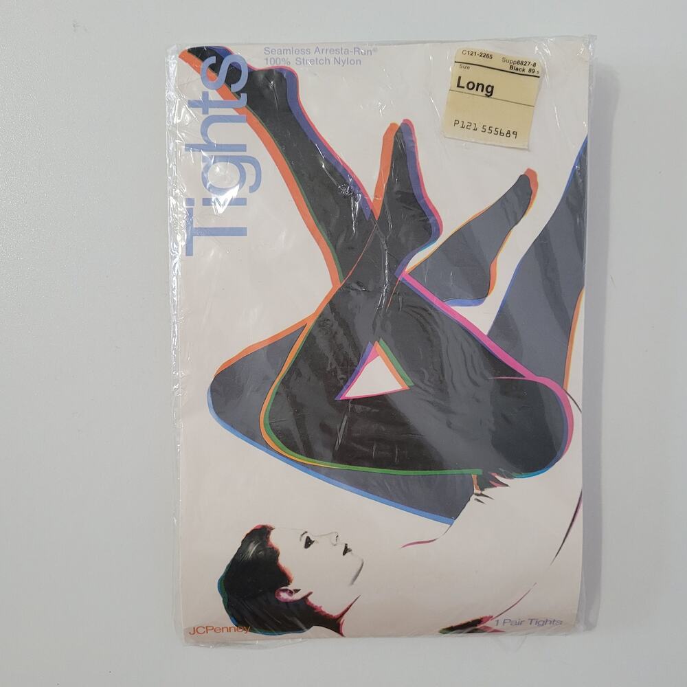 Vintage 1980s JCPenney Seamless Arresta-Run Black Tights size Long Retro Classic